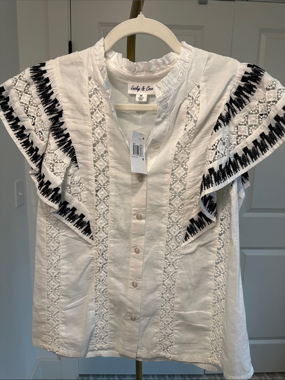 Lady & Co. White Eyelet Button-Front Blouse with Black Embroidered Ruffle